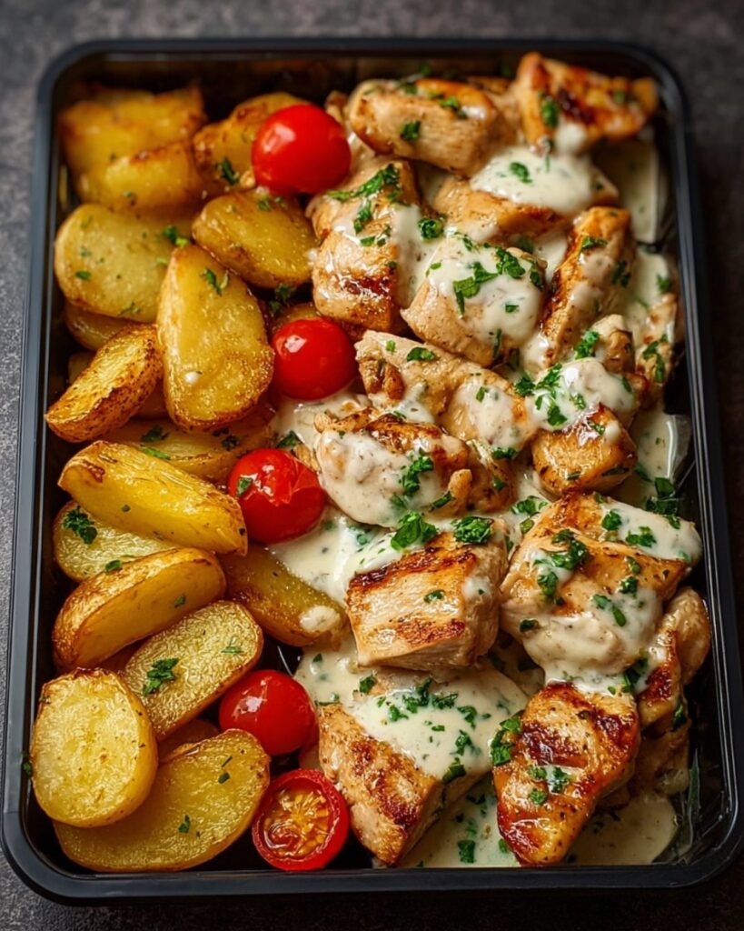 Knoblauch-Butter-Hähnchen mit Ofenkartoffeln und Kräutersoße – Herzhaft ...