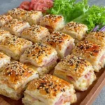 Leckere Blätterteig Schinken Käse Häppchen auf einem Teller