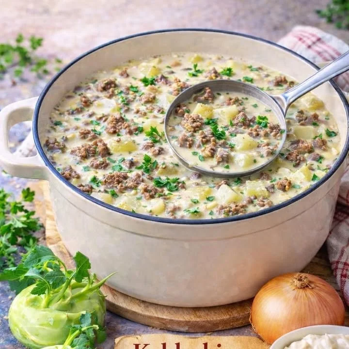 Wärmende Kohlrabi Hacksuppe, angereichert mit frischen Zutaten und Gewürzen.