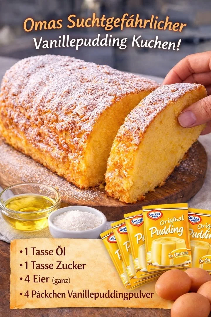 Omas 5 Minuten Vanillepudding Kuchen auf einem Teller serviert