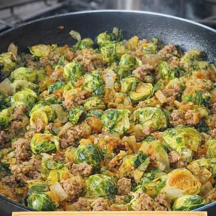 Gestapelte Rosenkohl-Knospen auf einem Holztisch