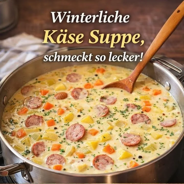 Schüssel winterliche Käsesuppe mit frischen Kräutern und Brot
