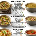 Schüssel mit frisch zubereitetem Erbseneintopf und Zutaten auf einem Tisch.