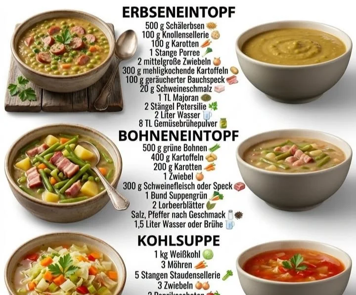 Schüssel mit frisch zubereitetem Erbseneintopf und Zutaten auf einem Tisch.