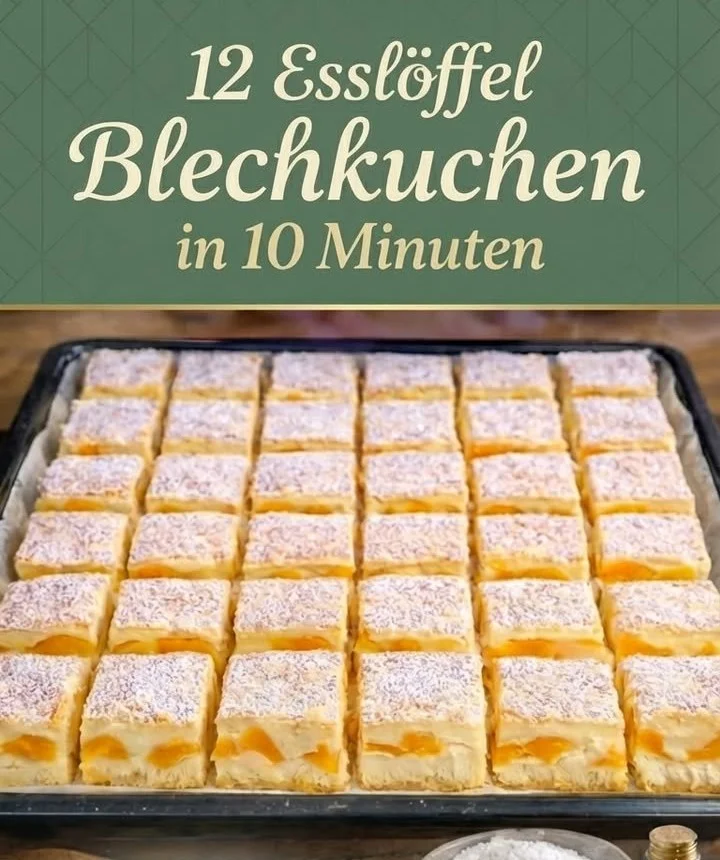 12-Esslöffel-Blechkuchen auf einem Blech, frisch gebacken und dekoriert.