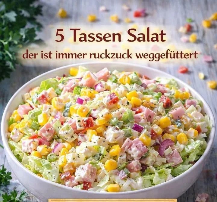 5 verschiedene Tassen Salat mit frischen Zutaten und dekorativer Präsentation.