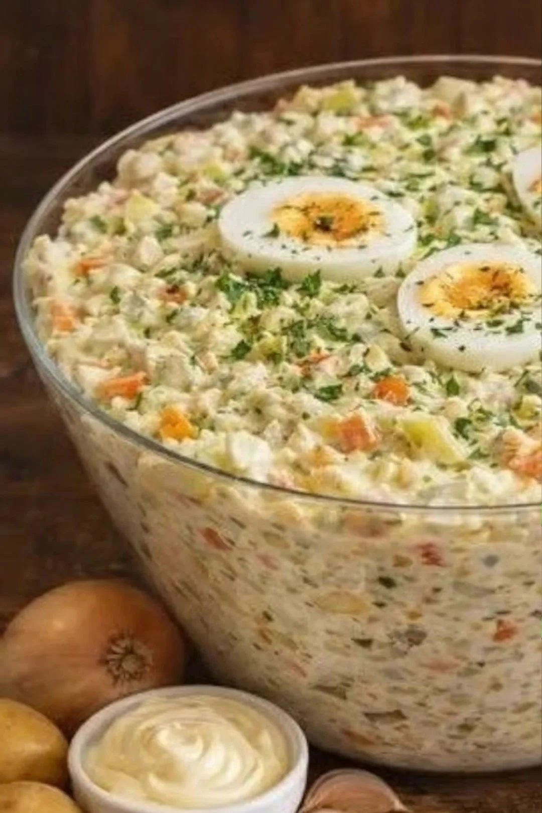 Bunte Salat-Tasse mit frischem Gemüse und Dressing auf einem Holztisch