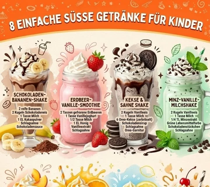 Bunte süße Getränke für Kinder in Gläsern auf einem Tisch