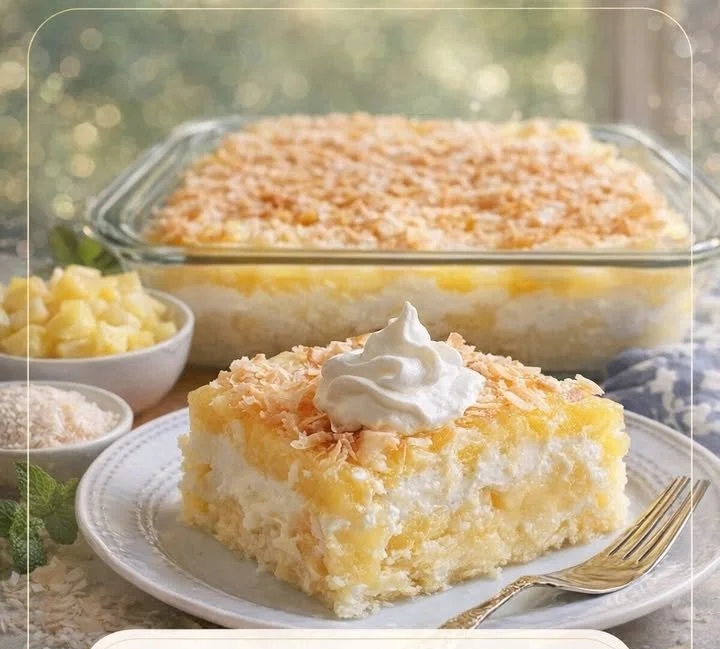 Ananas-Kokos-Traumkuchen auf einer weißen Servierplatte