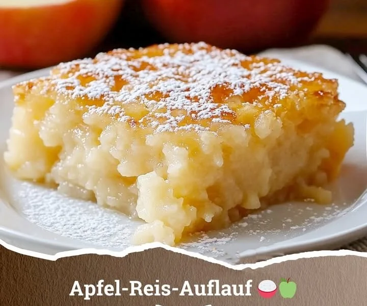 Delizierter Apfel-Reis-Auflauf mit Äpfeln und Reis in einer Auflaufform.