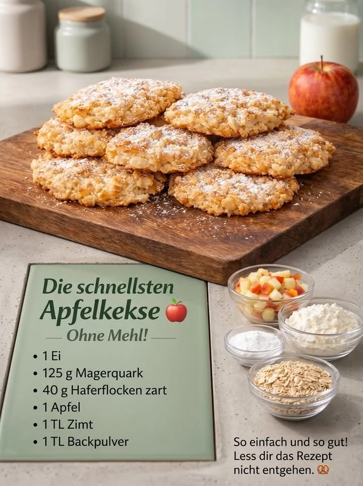 Apfelkekse ohne Mehl auf einem Holzbrett dekoriert mit frischen Äpfeln