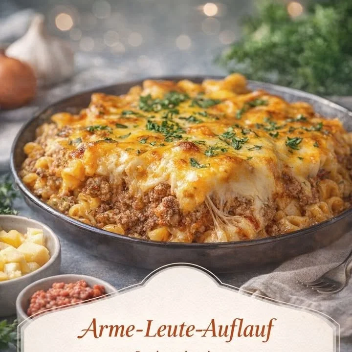 Arme-Leute-Auflauf aus Kartoffeln, Gemüse und Käse auf einem Teller serviert.