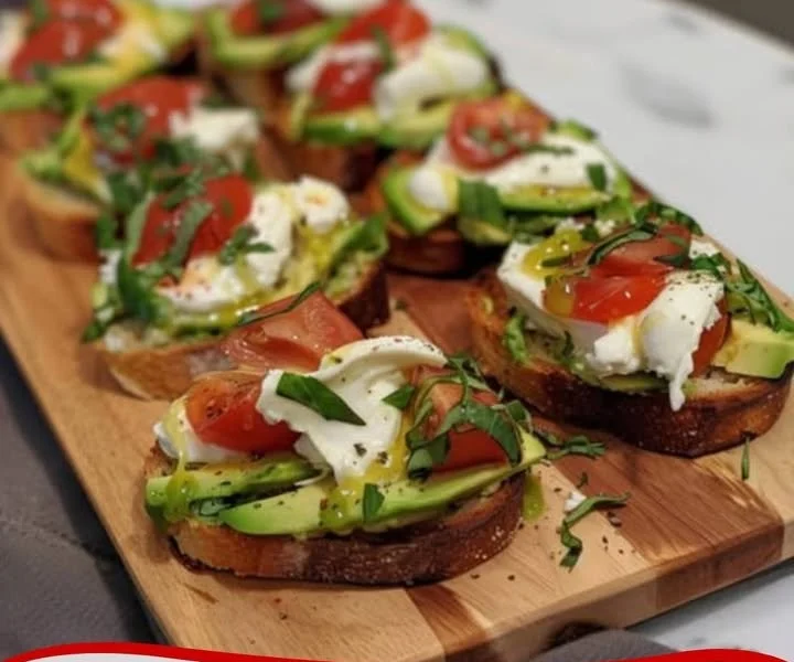 Avocado-Burrata-Bruschetta auf knusprigem Brot, garniert mit frischen Kräutern.