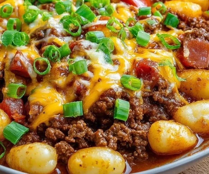 Bacon Cheeseburger Gnocchi mit Käse und frischen Zutaten serviert
