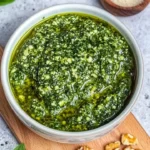 Hausgemachtes Bärlauchpesto mit gerösteten Walnüssen in einer Schüssel
