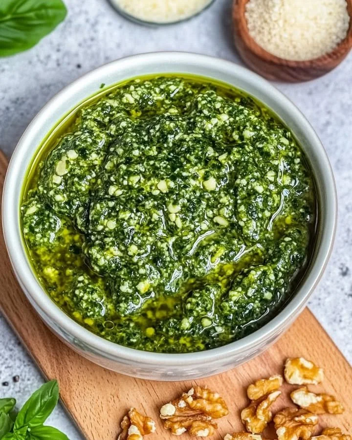 Hausgemachtes Bärlauchpesto mit gerösteten Walnüssen in einer Schüssel