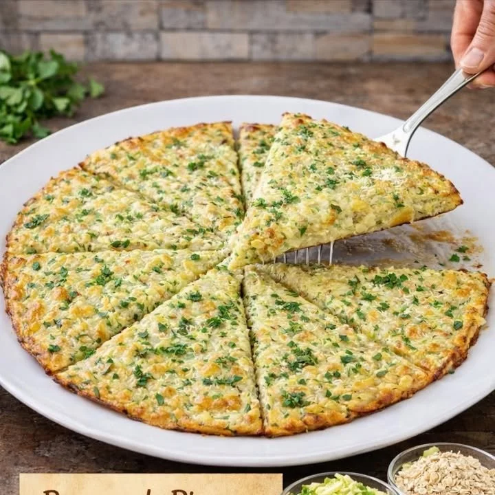 Zucchini-Haferflocken-Pizza frisch aus dem Ofen serviert