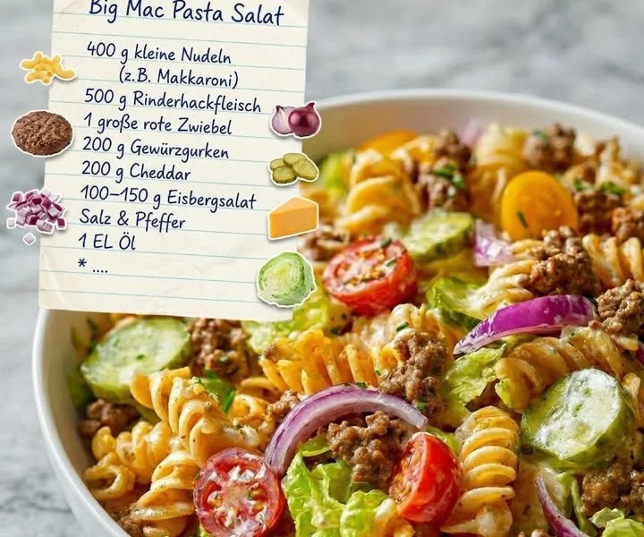 Big Mac Pasta-Salat mit frischen Zutaten in einer Schüssel serviert.