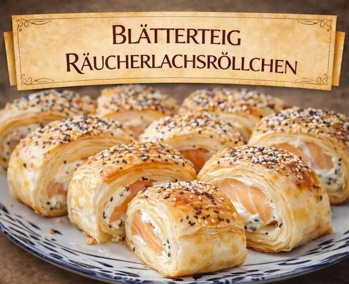 Köstliche Blätterteig-Räucherlachsröllchen auf einem Teller