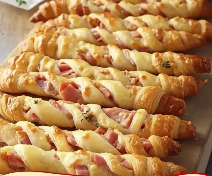 Blätterteigstangen gefüllt mit Schinken und Käse auf einem Teller