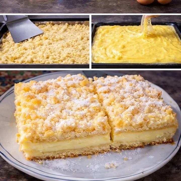 Blitz 15 Minuten Vanillepudding Streuselkuchen vom Blech auf einem Teller