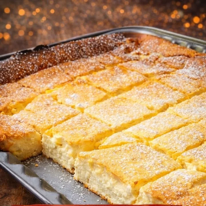 Blitz Rahmkuchen vom Blech auf einem Kuchenständer serviert.