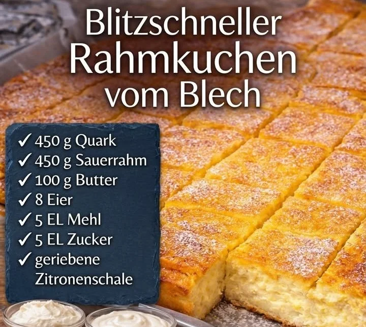 Blitzschneller Rahmkuchen vom Blech auf einem Teller serviert