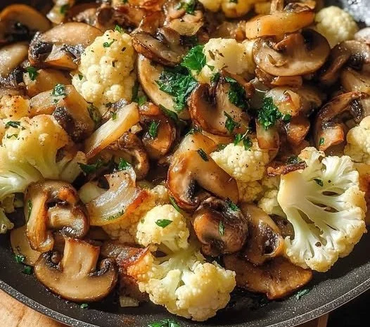 Blumenkohl Champignons Pfanne mit Knoblauch auf einem Teller serviert