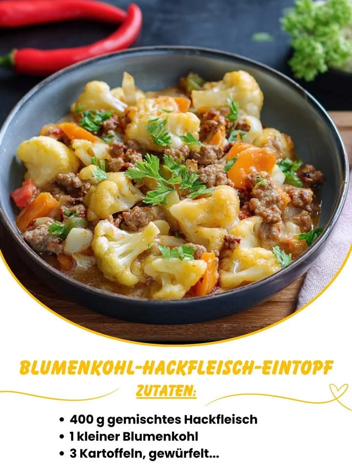 Blumenkohl-Hackfleisch-Eintopf in einer Schüssel serviert