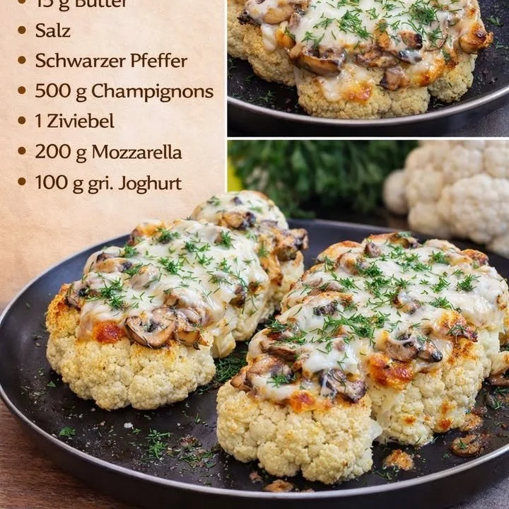 Blumenkohlsteak mit Champignons und Mozzarella auf einem Teller angerichtet