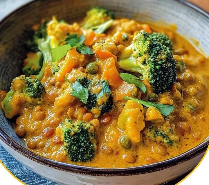 Leckeres Brokkoli-Curry mit roten Linsen, serviert in einer Schüssel