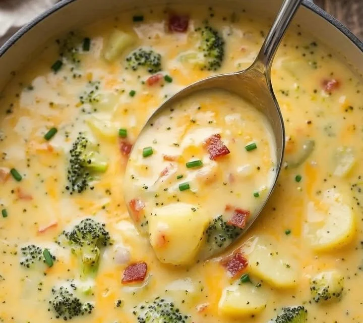 Schüssel mit leckerer Brokkoli-Käse-Suppe, garniert mit frischen Kräutern.
