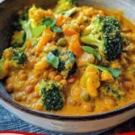 Brokkolicurry mit roten Linsen auf einem Teller, garniert mit frischen Kräutern.