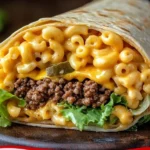 Burgerrollen mit Hackfleisch, Makkaroni und Käse auf einem Teller