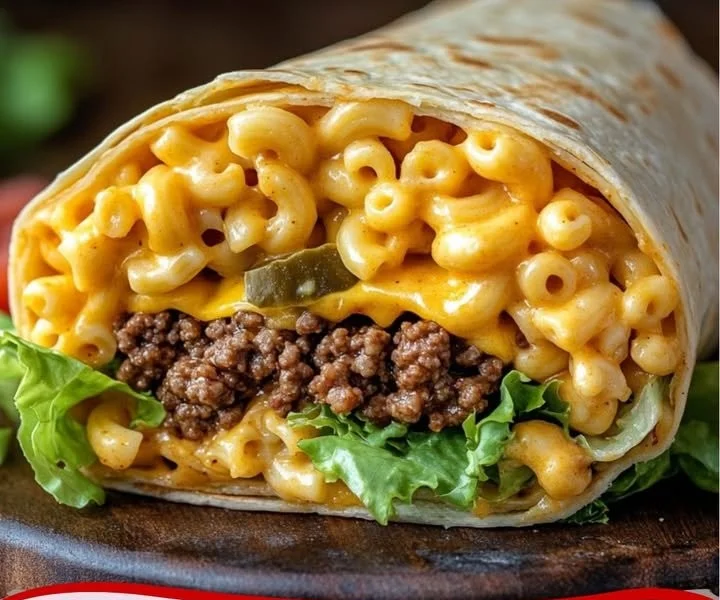 Burgerrollen mit Hackfleisch, Makkaroni und Käse auf einem Teller