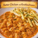 Butter Chicken mit Knoblauchsauce und Pommes auf einem Teller