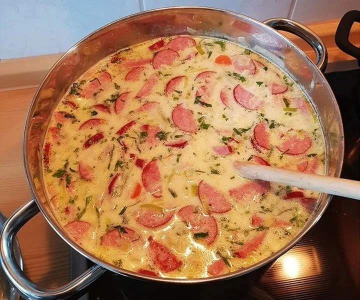 Schüssel mit Cabanossi-Käse-Suppe, reichhaltig und herzhaft, perfekt für kalte Tage.