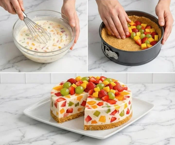 Carlota-Gelee mit verschiedenen frischen Früchten auf einem Teller