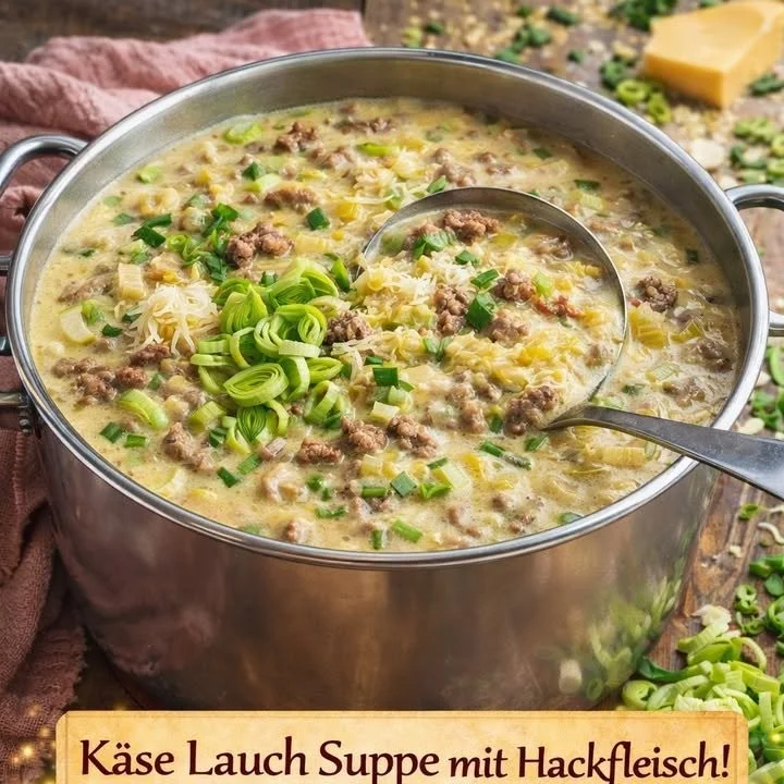 Käse-Lauch-Suppe mit Hackfleisch in einer Schüssel