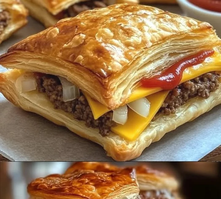 Leckere Cheeseburger Blätterteigtaschen auf einem Teller serviert