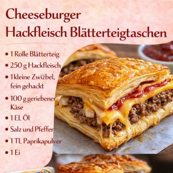 Köstliche Cheeseburger Blätterteigtaschen auf einem Teller