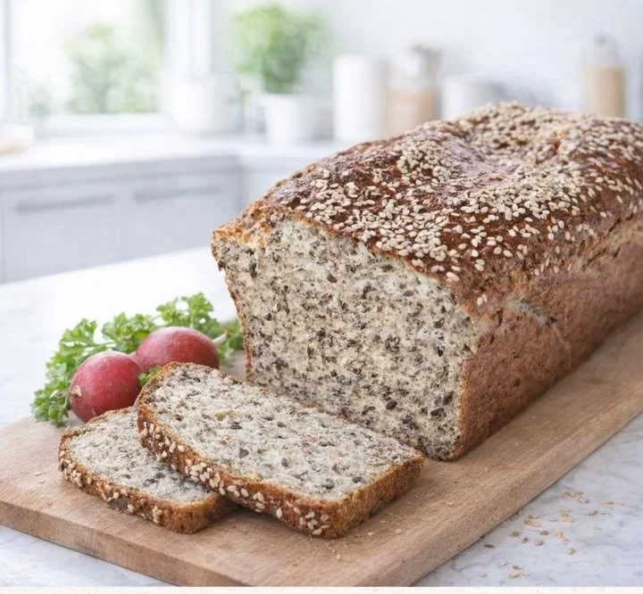 Scheiben von Chia Eiweißbrot auf einem Holzbrett