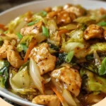 Chinesische Hähnchenpfanne mit Spitzkohl und Zwiebel in einer Pfanne serviert