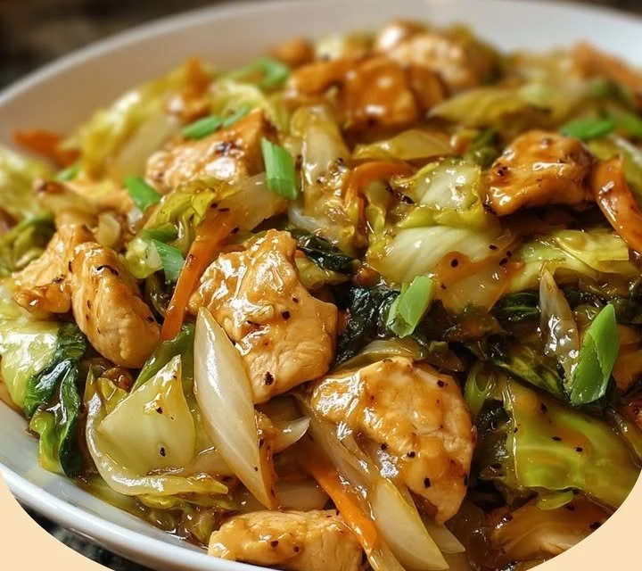 Chinesische Hähnchenpfanne mit Spitzkohl und Zwiebel in einer Pfanne serviert