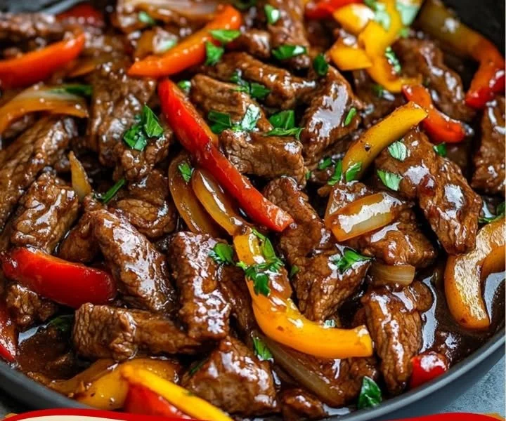 Chinesisches Rindfleisch mit Zwiebeln auf einem Teller serviert