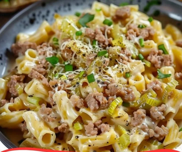 Creamy cheese-leek pasta dish topped with ground meat