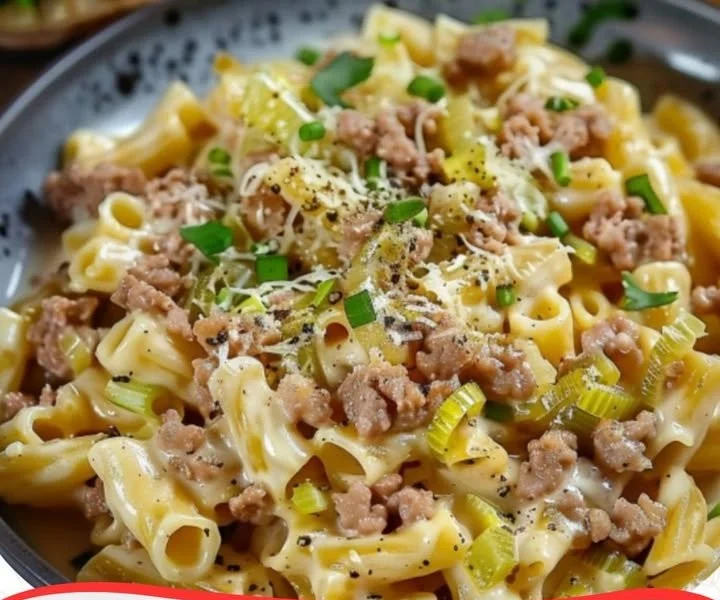 Cremige Käse-Lauch Pasta mit Hackfleisch auf Teller serviert