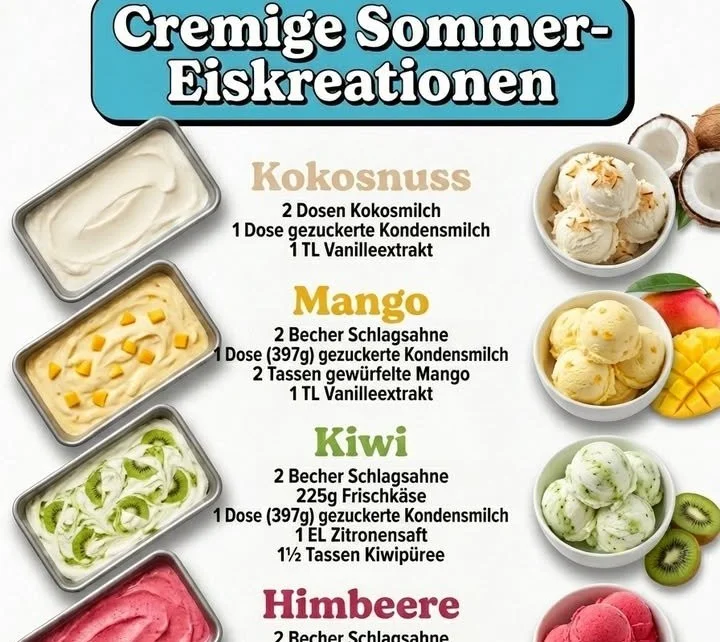 Cremige Sommer-Eiskreationen in verschiedenen Geschmacksrichtungen