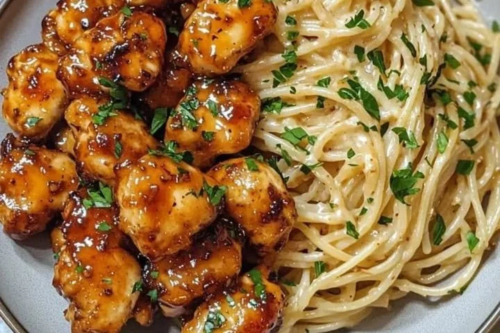 Cremige Spaghetti mit Honig-Knoblauch-Hähnchen auf einem Teller serviert.