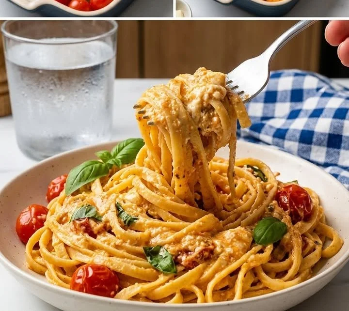 Cremige Tomaten-Feta-Pasta auf einem Teller mit frischen Zutaten